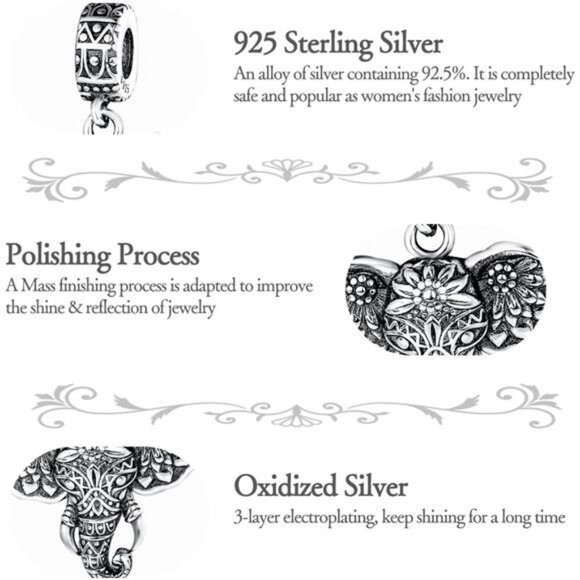 925 sterling silver lucky elephant charm bead fits Pandora bracelet necklace jew - Picture 5 of 8